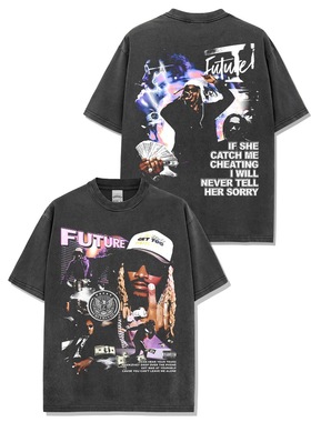 美式嘻哈rap说唱未来小子Future人物印花水洗宽松纯棉短袖t恤男女