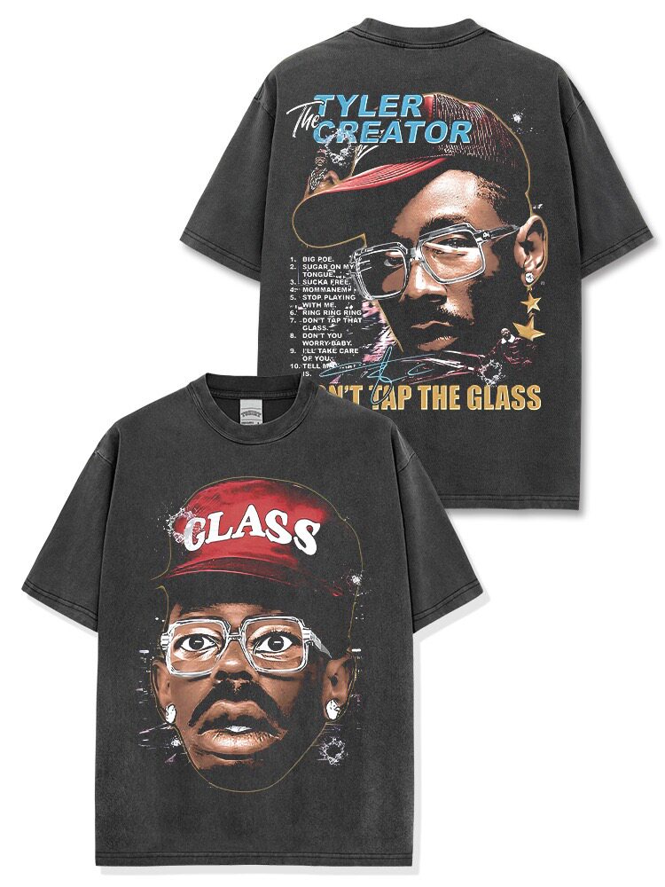 美式嘻哈说唱迷必冲Tyler The Creator印花重磅水洗宽松短袖T恤男