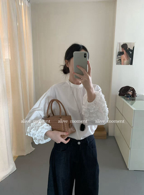 秋上新！alive moment韩版立领花边袖气质显瘦小衫套头衬衫51239