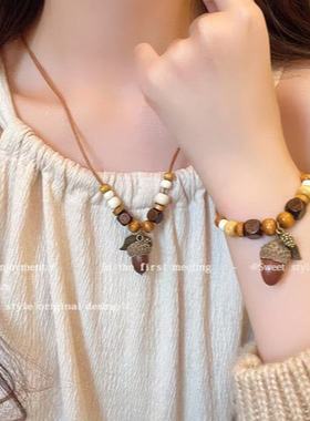 新中式复古干果吊坠项链女简约百搭串珠锁骨链手链春夏新款配饰品