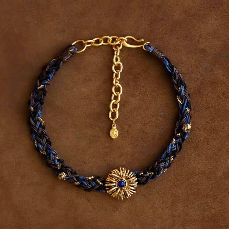 秋冬新品纽扣棕榈项圈设计感七股辫手工编织choker个性秋冬配饰