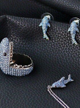 外贸饰品满钻海洋风立体鲨鱼耳钉