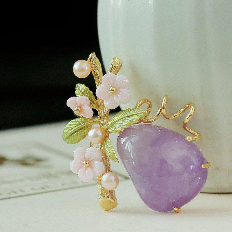 胸花女配饰天然紫水晶海螺贝胸针外套女丝巾扣吊坠礼服田园风清新