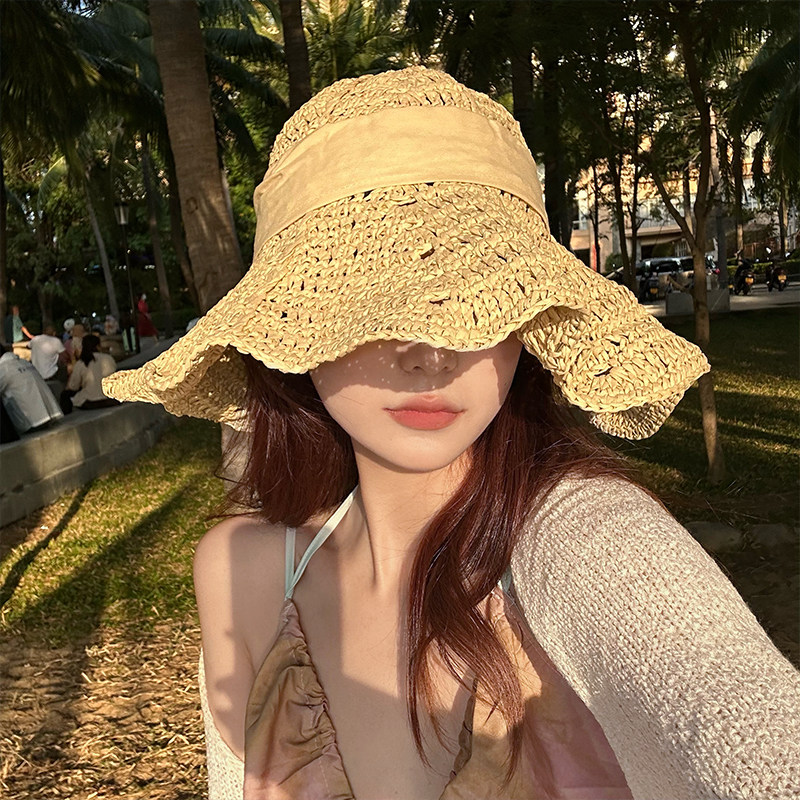 拉菲草蝴蝶节草帽女夏季防晒遮阳帽沙滩海边度假太阳帽防晒帽子潮