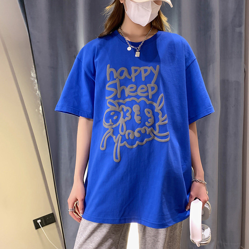 抖音品质260g5色发泡小羊宽松情侣百搭纯棉短袖T恤213-1-TH12控48,女装T恤,星座213-1