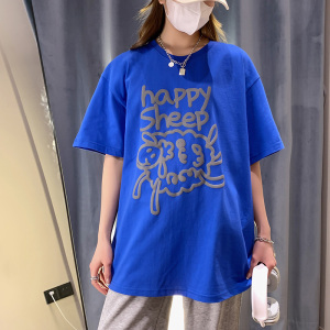 抖音品质260g5色发泡小羊宽松情侣百搭纯棉短袖T恤213-1-TH12控48图片