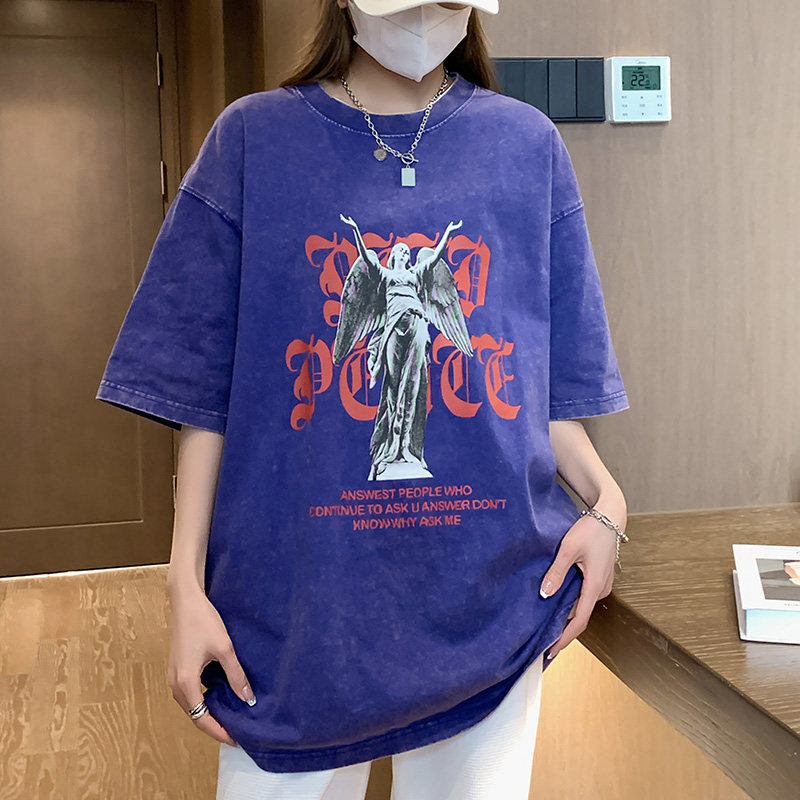 抖音品质蜡染4色自由女神宽松情侣百搭纯棉短袖T恤213-1-TH18控58,女装T恤,星座213-1