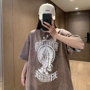 抖音品质蜡染4色夸张印花宽松情侣百搭纯棉短袖T恤213-1-TH16控58图片