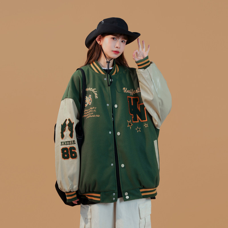 新款宽松高街pu拼接毛巾绣棒球服夹克jk689p125控138xz213-1,男装夹克,星座213-1