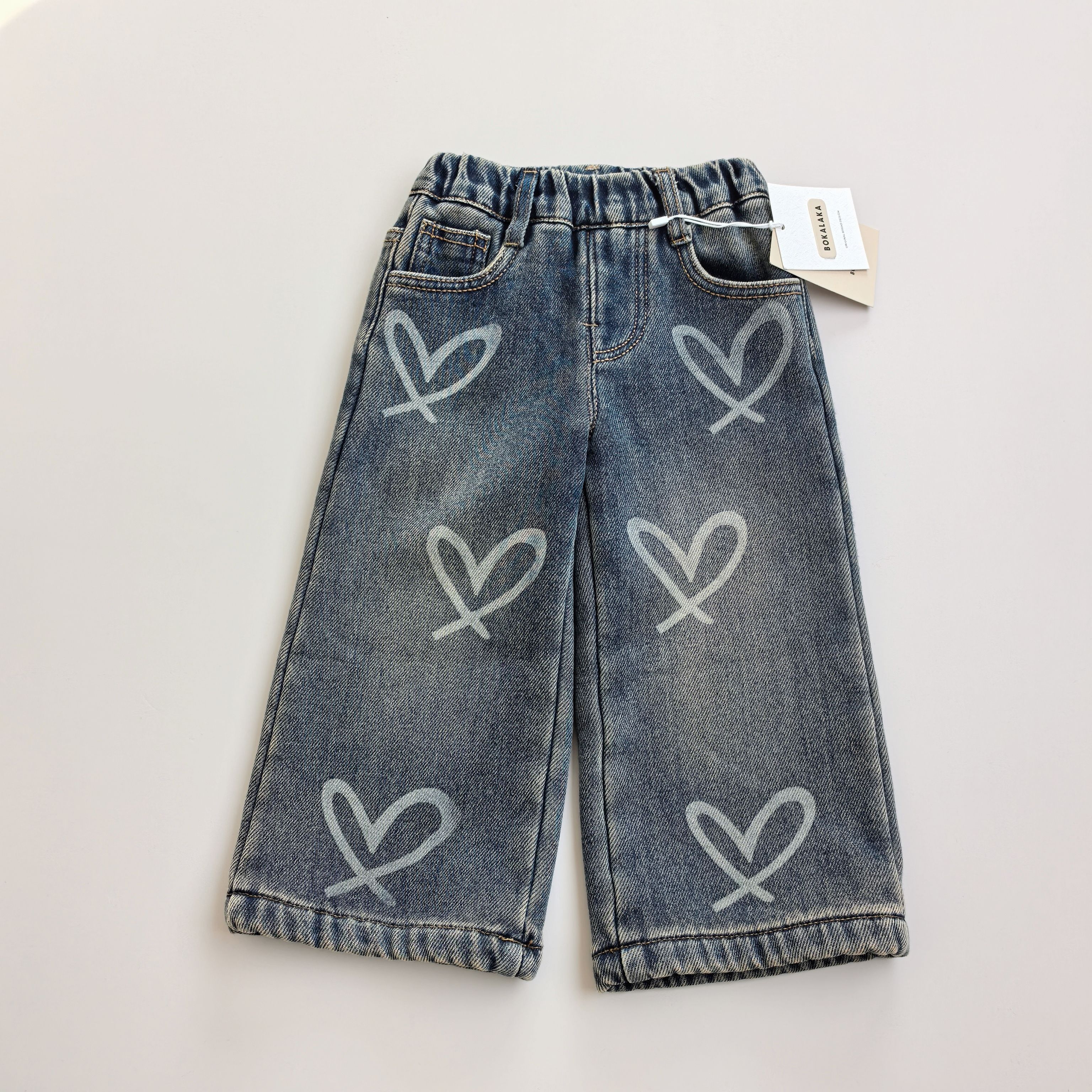 小童韩版爱心印花牛仔裤阔腿裤女宝宝洋气休闲百搭时尚长裤冬加绒