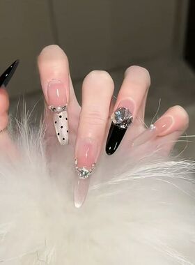 爆闪冬日气质高级波点黑色千金香槟猫眼法式纯手工显白穿戴美甲