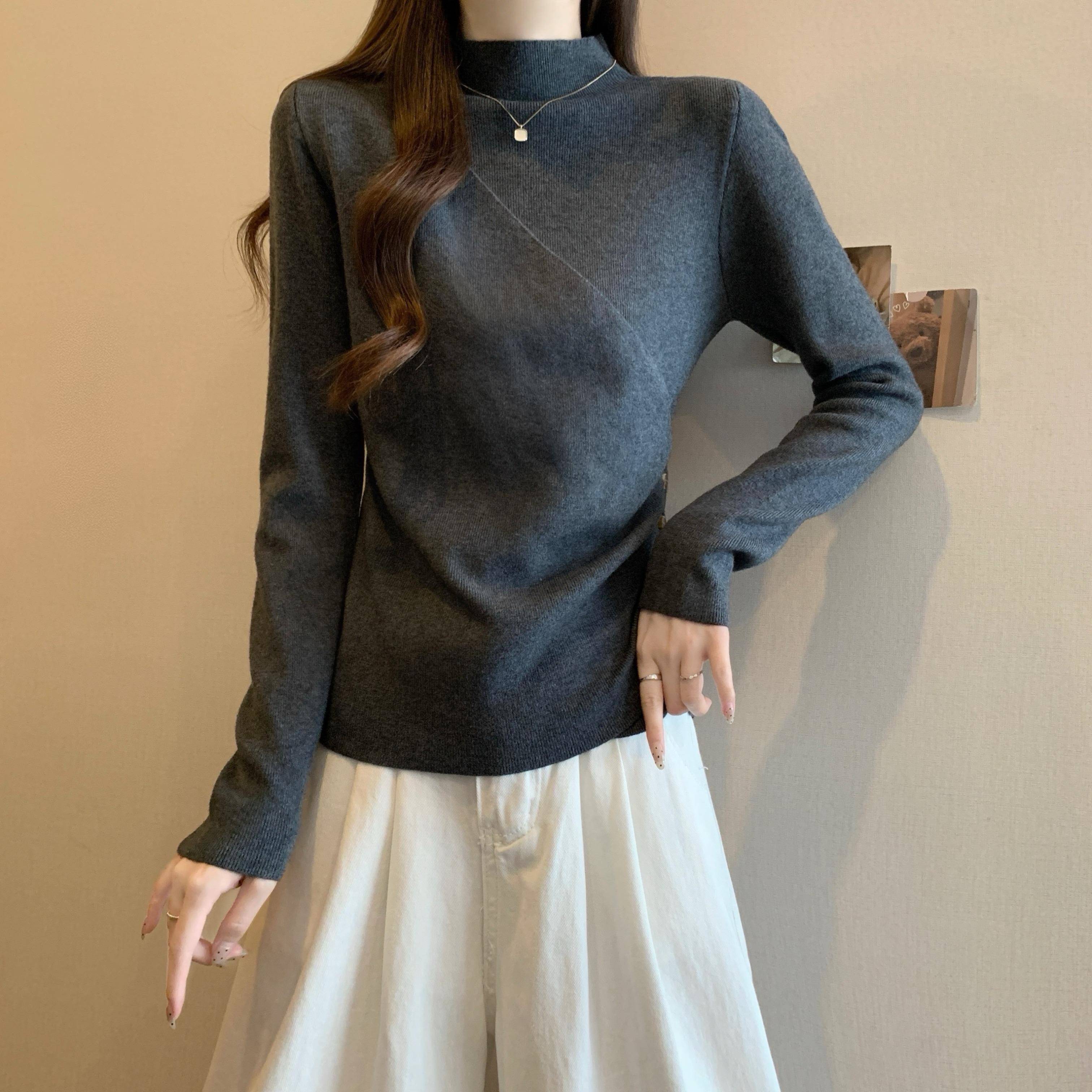 秋冬大码遮肚高领针织打底衫女胖设计感内搭别致收腰毛衣上1210u