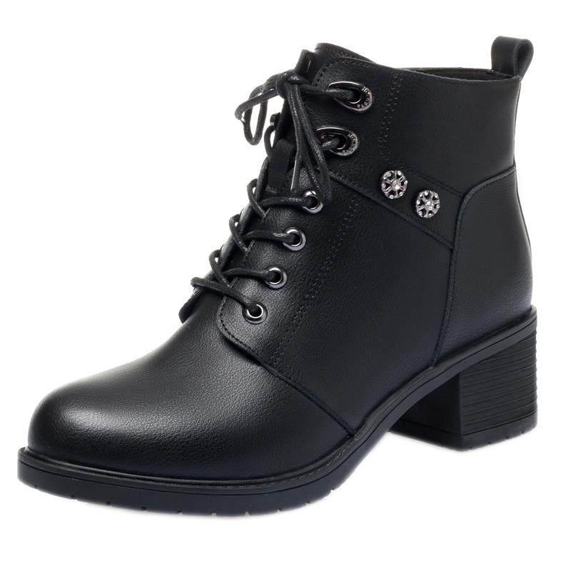 加绒短靴粗跟中跟系带马丁靴鞋靴妈妈鞋女靴中年皮靴秋1029h