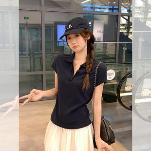 0729d 辣妹Polo翻领正肩短袖 T恤女2025年夏季 新款 显瘦百搭纯色短款