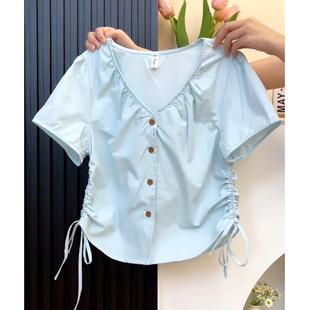 上衣夏0724d 大码 v领正肩短袖 衬衫 女胖mm显瘦不规则抽绳收腰短款