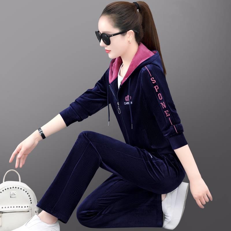 品牌运动衣套装女金丝绒运动春季新款时尚韩版连帽显瘦休闲0306n