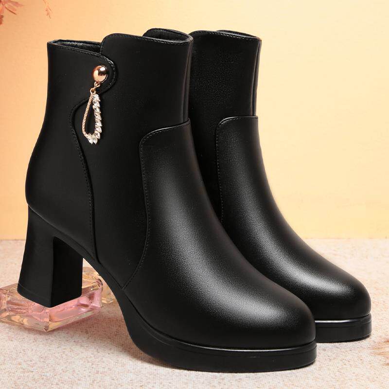 粗跟短靴女2025秋冬保暖加绒皮鞋中年妈妈鞋台气质高跟靴1029h