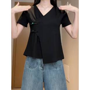 女t恤夏胖mm修身 顯瘦別致不規(guī)則收0725d 國(guó)風(fēng)盤(pán)扣v領(lǐng)正肩短袖 大碼