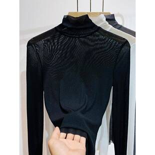 洋气紧身内搭薄款 夏款 2026新款 女长袖 纱衣蕾0317d 高领网纱打底衫