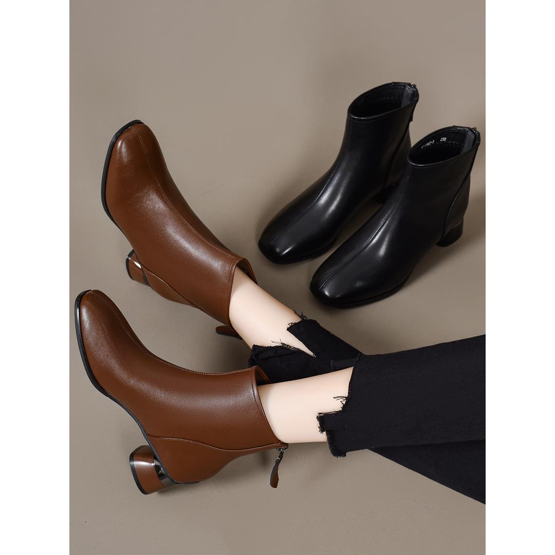 秋冬季2025新款方头短靴女中跟踝靴粗跟皮鞋妈妈加绒女鞋1113n