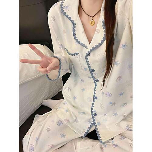 长袖睡衣女秋韩式风星星印花款春翻领家居服套装可外穿0917e