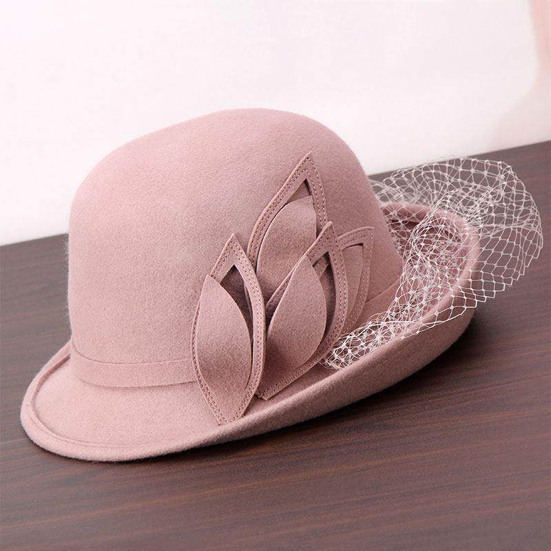 帽子女秋冬韩版时尚优雅呢卷边网纱花朵礼帽保暖渔夫帽潮0128h
