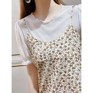 吊带裙内搭t恤短袖 网纱打底衫 纱衣0318r 蕾丝上衣女夏季 白色泡泡袖