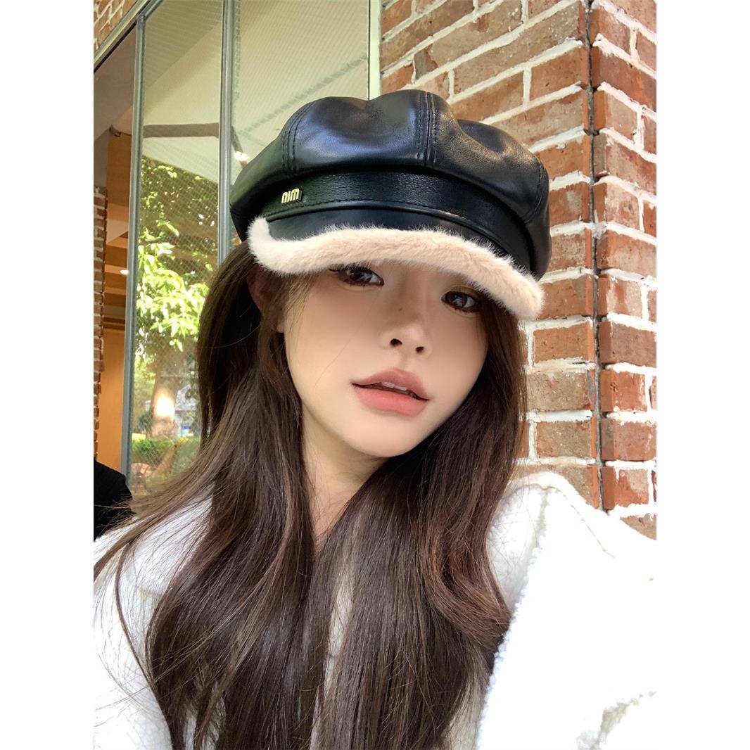 2025新款帽子皮毛绒边八角帽女秋冬加厚画家帽百搭显脸小报1014u