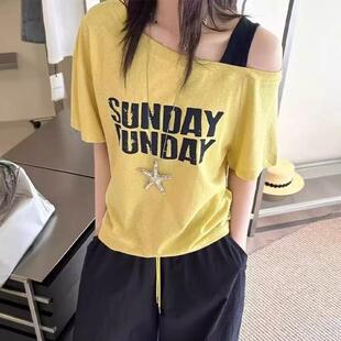 胖mm显瘦宽松短款 印花短袖 大码 t恤女夏季 露肩上衣0724d 新款