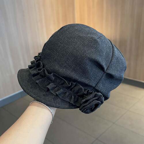 保暖帽子褶皱花朵鸭舌贝雷帽女秋冬季复古显脸小马术帽设计1008e