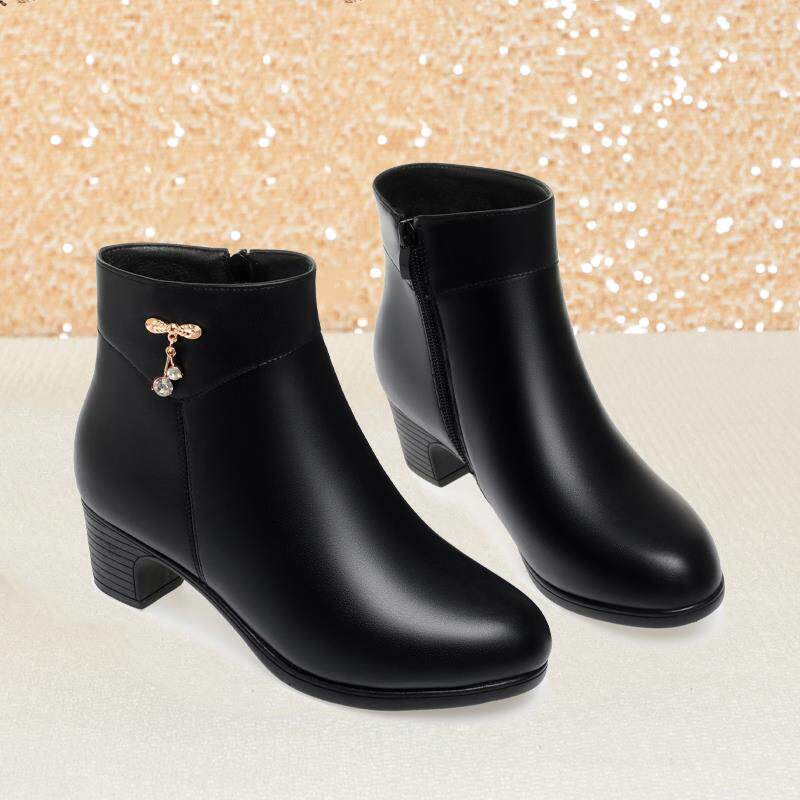 软底妈妈鞋秋冬款短靴女中跟靴子加绒皮鞋粗跟鞋中老年冬1029h