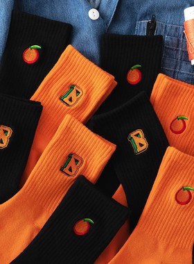 橙色袜子女中筒袜秋秋ins潮街头黑色橘色网穿长筒袜季1023x