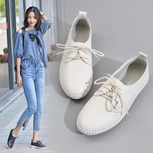 小白鞋女韩版工作鞋子春夏平底系带学单鞋一脚蹬懒人大尺0301e