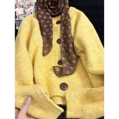 冬季黄色圆领毛衣开衫外套女加厚小个子软糯针织衫宽松短款1213u