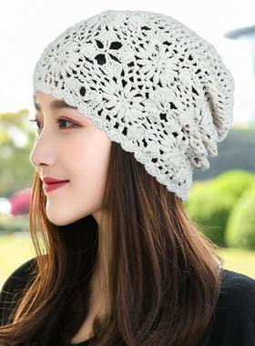 士帽子薄款包头帽夏套头帽优雅针织帽单层网眼堆堆帽0123k