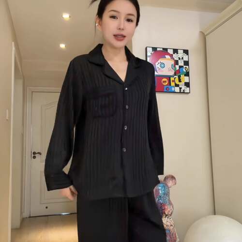 长袖睡衣女秋款2026新款春冰简约黑色条纹家居服套装可外穿0917e