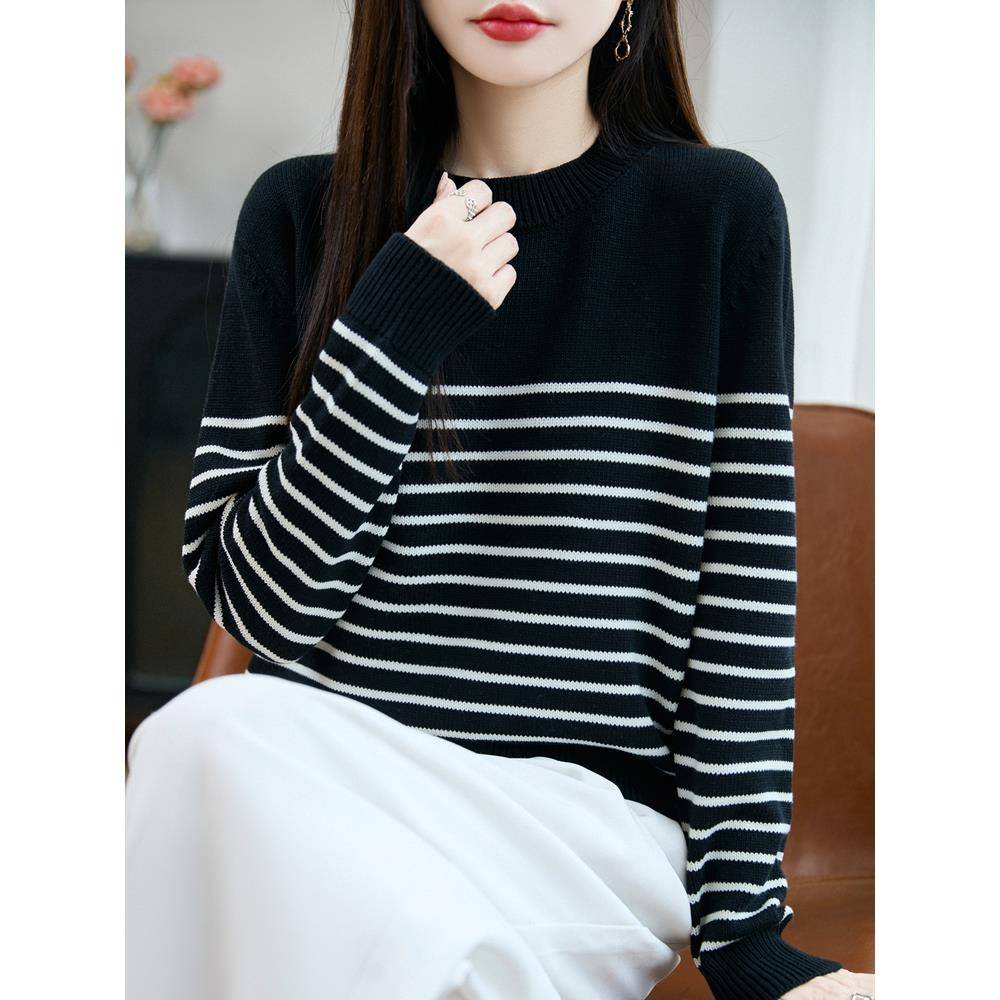 设计感条纹圆领毛衣女秋宽松显瘦百搭针织打底衫上衣1213e