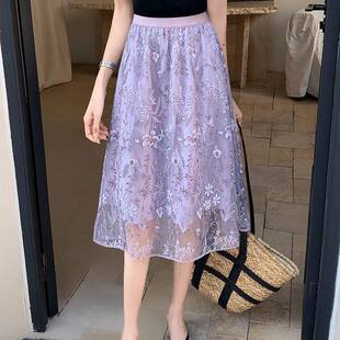 大0317r a字裙大尺码 蕾丝刺绣半身裙女2026新款 春夏网纱百褶裙法式