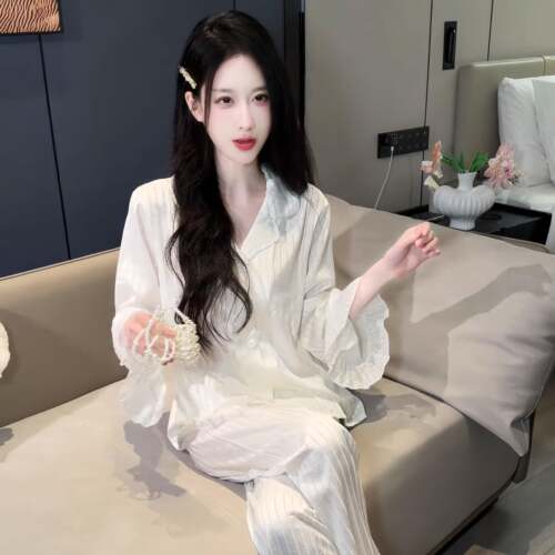 长袖睡衣女秋冰丝款2026新款甜美条纹喇叭袖长裤薄款家居服0917e