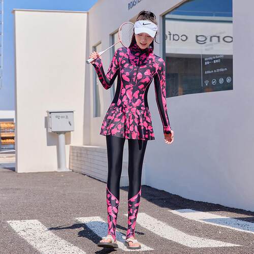 长袖泳衣女长裤大码连体连帽裙式温泉冲浪服保守泳装遮0918e