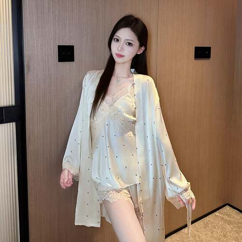 新款睡衣女夏季冰丝蕾丝纯欲吊带短裤睡袍三件套装家居0624d