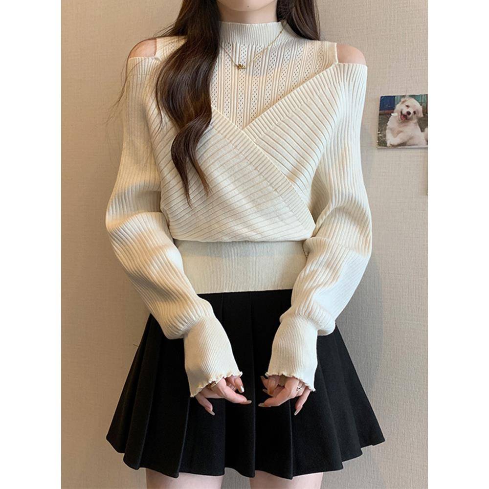 码遮肚子半高领露肩针织衫秋冬胖妹妹显瘦别致毛衣打底时尚1121k