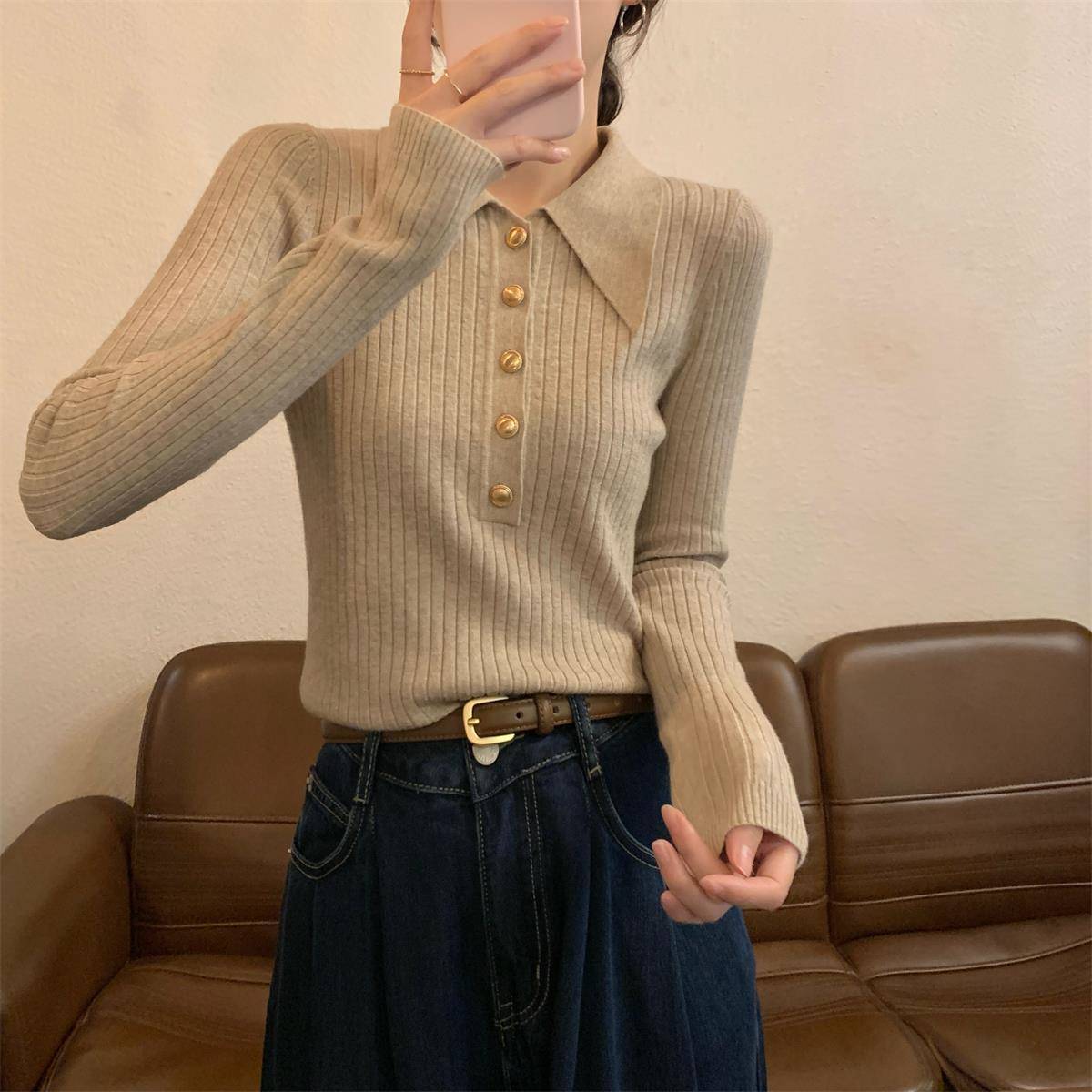 秋冬高级感polo领针织衫2025季法式属扣内搭上衣女坑条打底1210u