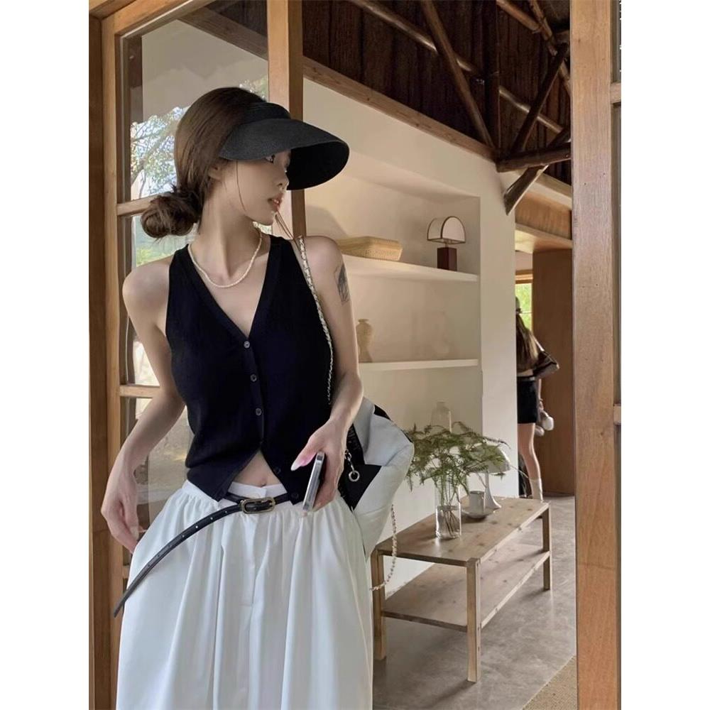 法式冰丝v领黑色针织背心女夏季外穿小个子吊带开衫无袖短款0714r