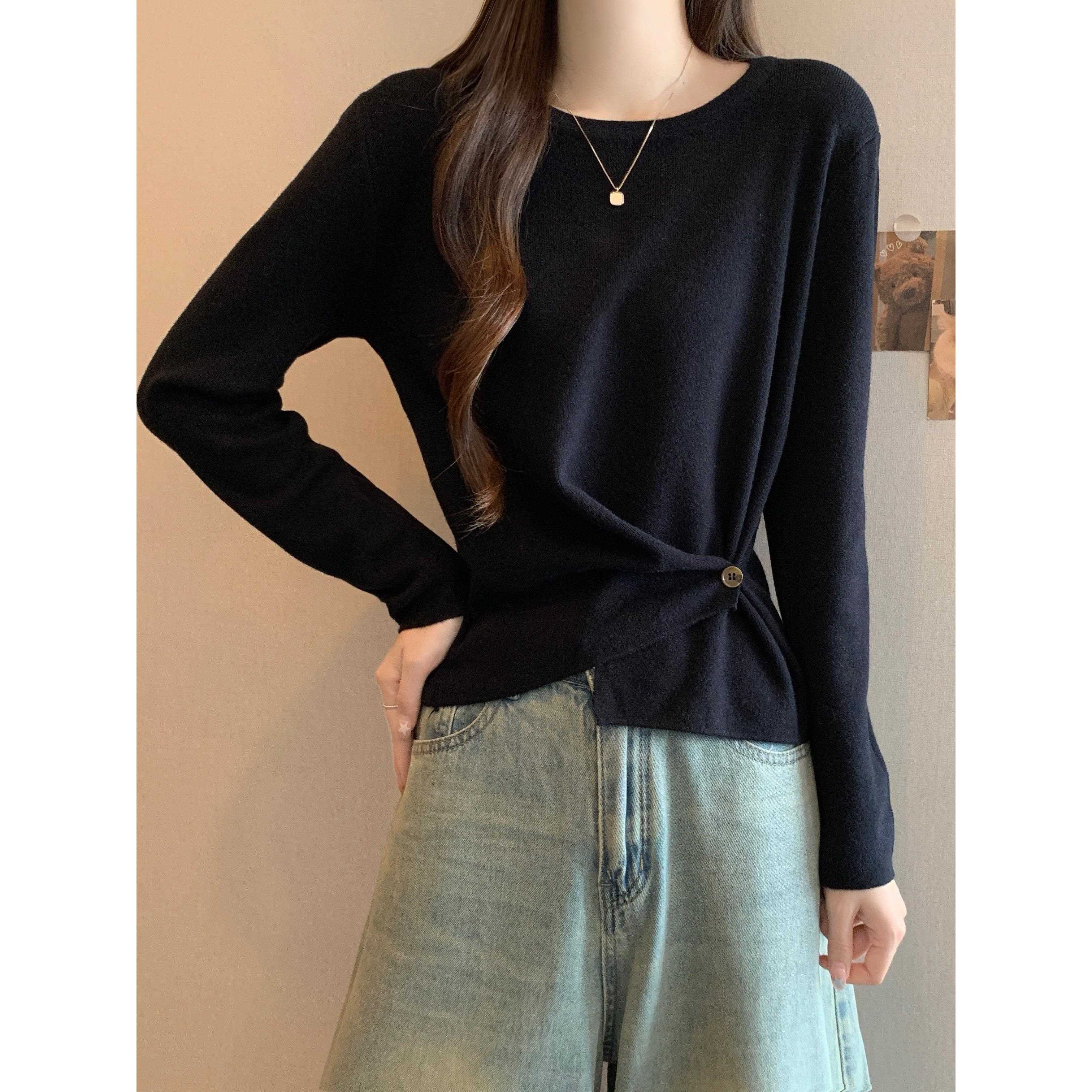 大码女装遮肚子不规则系扣长袖针织衫女胖mm遮肉收腰内搭打0928e