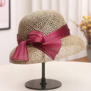 春夏法式 赫本风优雅大檐灯罩盆帽0330d 镂空透气咸草遮阳帽女夏季