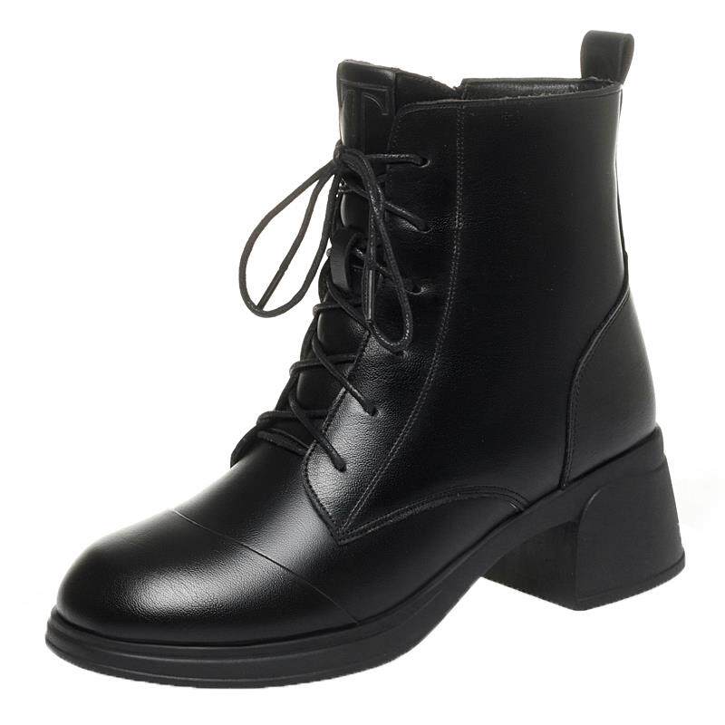 粗跟系带马丁靴黑色工作鞋英伦风机车靴加绒短靴皮鞋鞋秋1029h