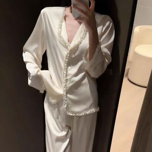 长袖睡衣女秋冰丝款2026新款长裤纯色薄款家居服套装可外穿0917e