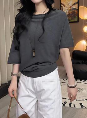 高级感灰色不规则蝙蝠袖短袖T恤女装夏季新款宽松慵懒针织衫0517r