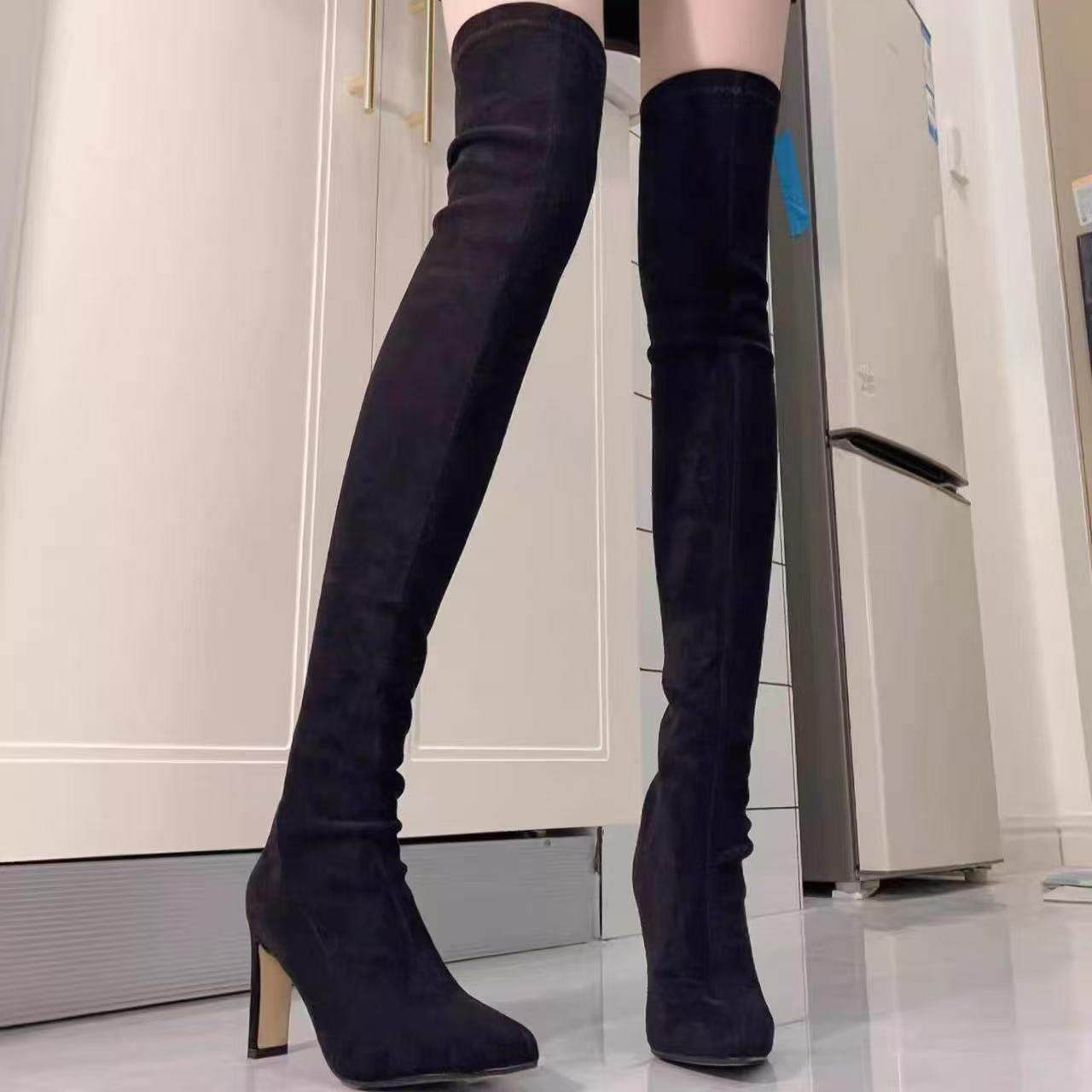尖头高跟长靴女2026年春新款绒面粗跟过膝高筒靴袜子弹力瘦0120e,女鞋,时装靴,淘宝优惠券,粉丝福利购,淘宝优惠卷